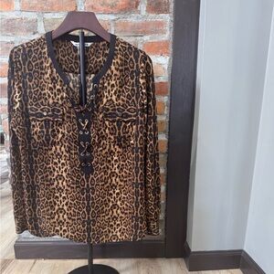 Peter Nygard Leopard Print Lace-Up Blouse